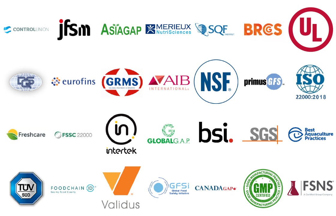 Various food safety certifications including FDA, SGS, and others for packaging