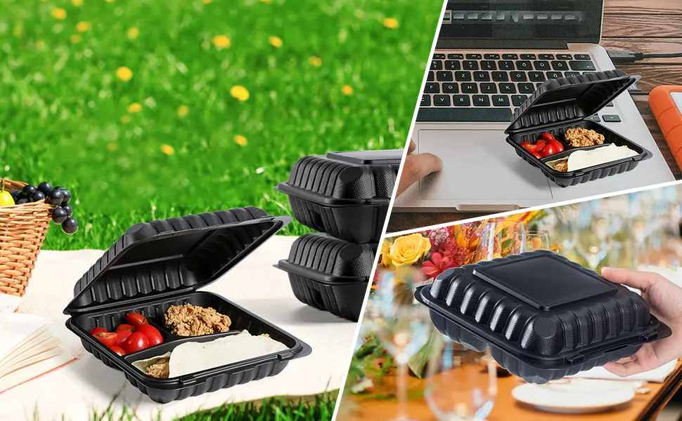 black clamshell to go box