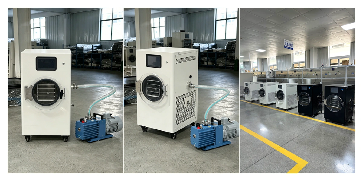 A high-quality composite image of the Geliss HFD-4 freeze dryer, showcasing the sleek front view with its PLC touchscreen control panel and the side profile highlighting its compact, durable stainless steel chamber build.
