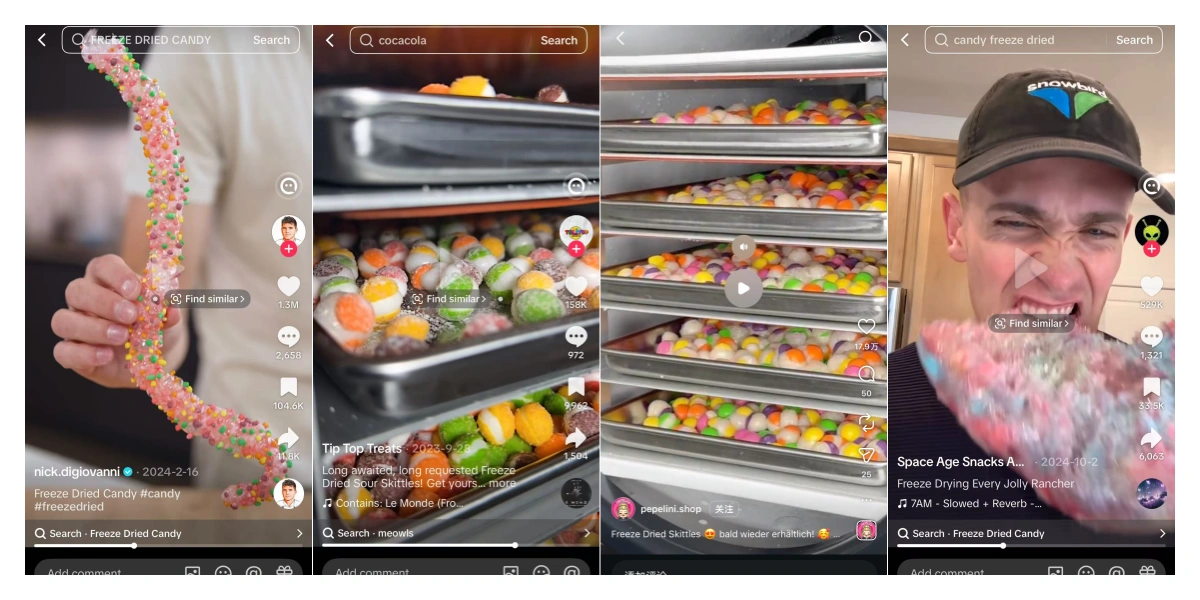 A collage of viral TikTok and Instagram video screenshots featuring colorful freeze-dried candies with millions of views, demonstrating the massive social media snack trend.