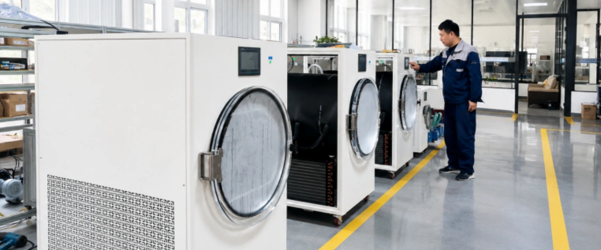 An experienced assembly engineer performing rigorous technical commissioning and functional testing on the freeze dryer production line inside the Geliss manufacturing facility.