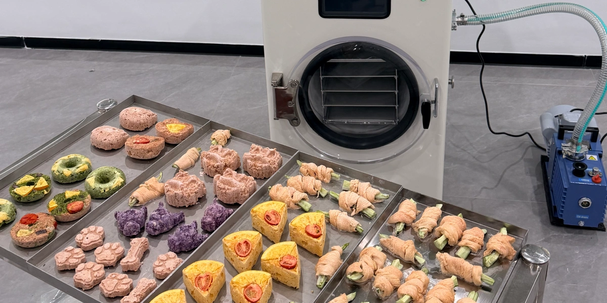 Assorted premium freeze-dried pet treats in creative shapes on stainless steel trays, with a Geliss vacuum freeze dryer and its vacuum pump in the background.