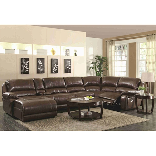 Modern hot brown leather six-person + lying one-piece multi-function living room corner recliner sofa set