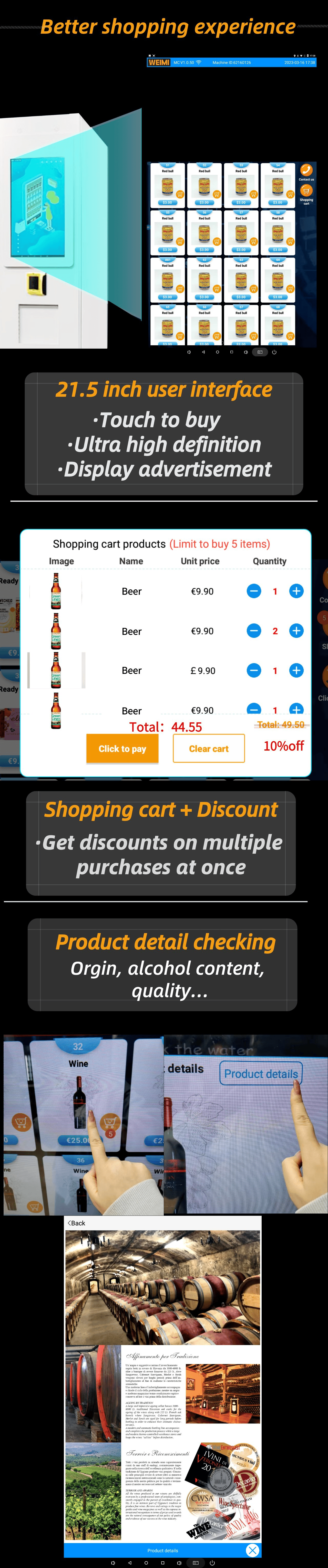 Micron wine vending machine with age verify offer better shopping experience, 22 inch interface allow customer to use shopping cart.