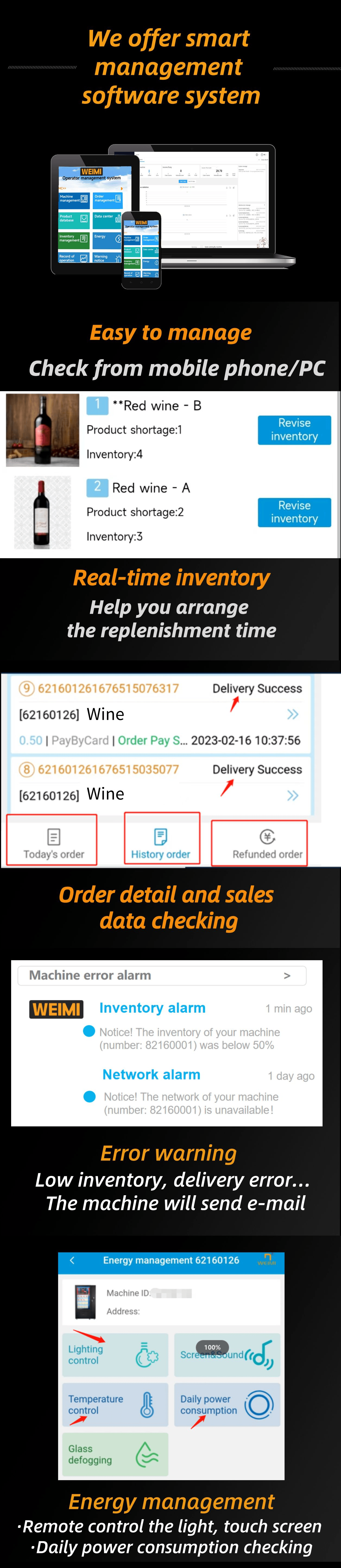 wine vending machine is equipped with smart management software system, help the machine operator to control the machine remotely