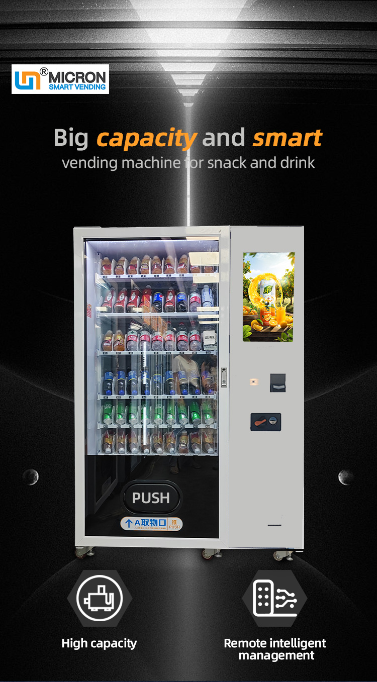 micron smart combo snack drink vending machine offer customer better shopping experience, 21.5 inch touch screen support shopping cart and discount.