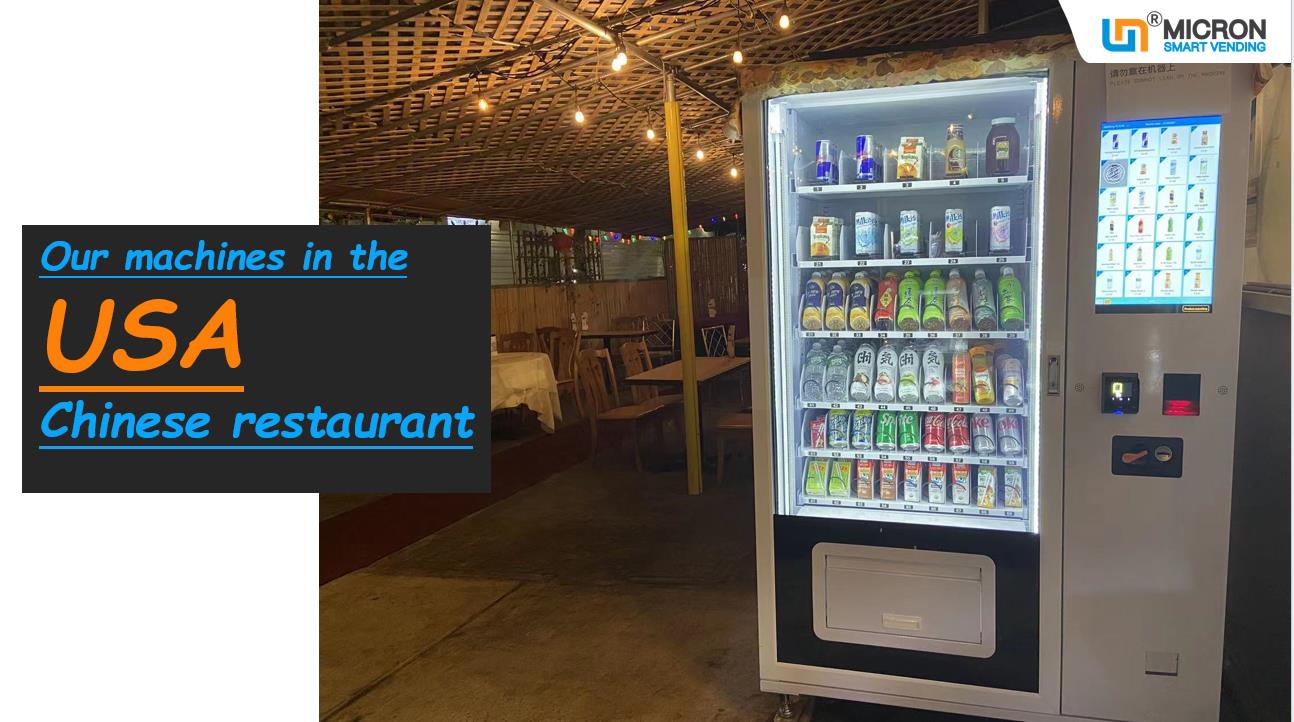 Micron smart vending machine in USA Chinese restuarant. snack drink vending machine with card reader, it has different good trays to sell many kinds of products in one machine, combo vending machine