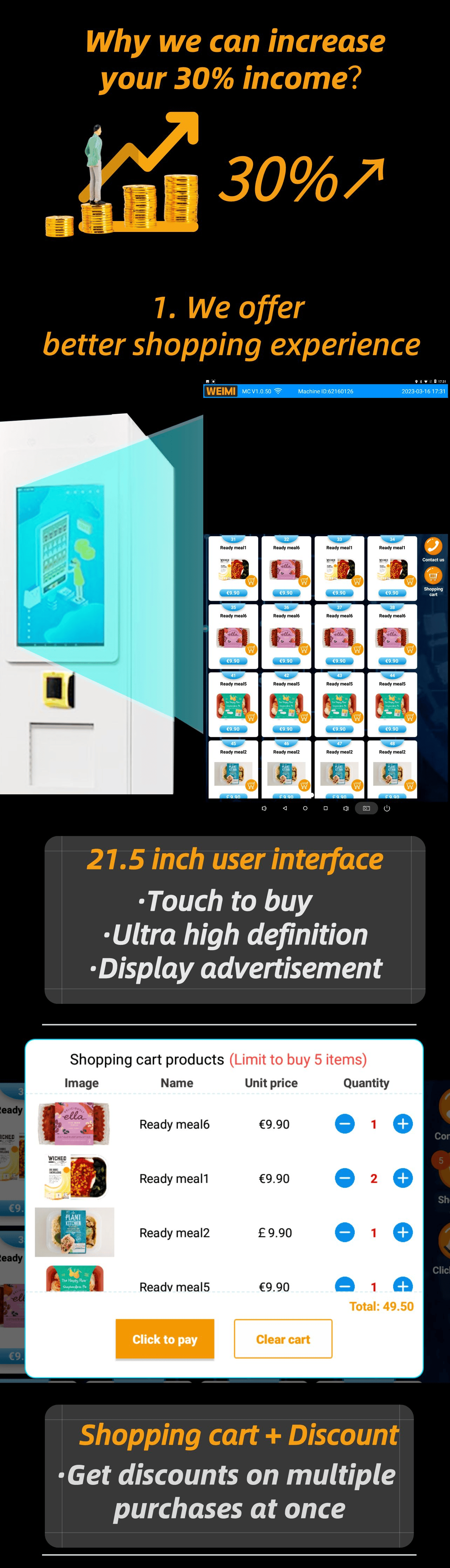 combo drink meal vending machine offer customer better shopping experience, it has 22 inch user interface