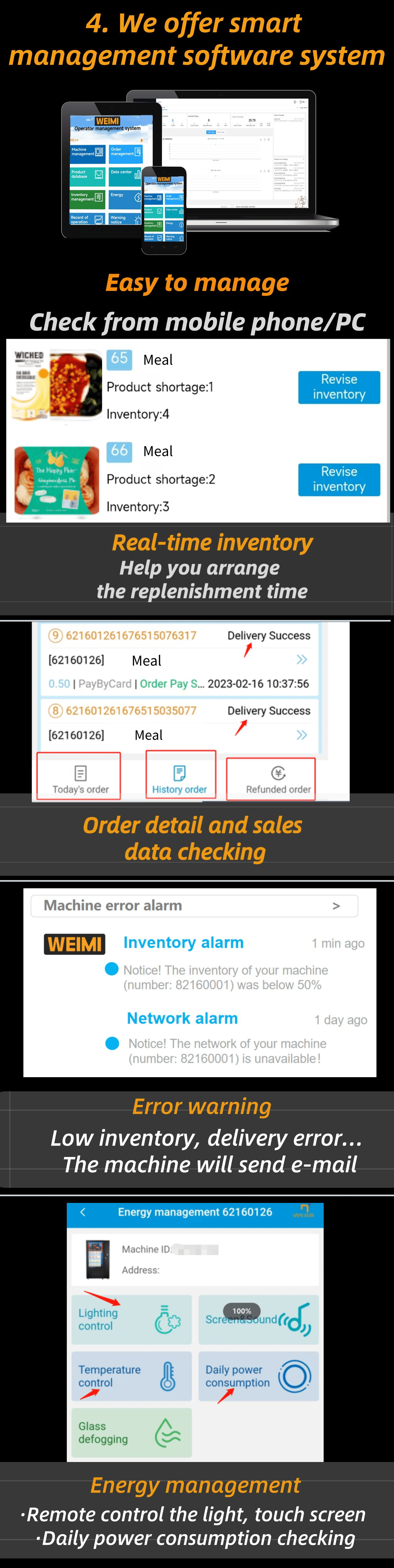 operator can easy to manage the machine by our smart software system, you can check sales data, control the light, screen, temperature.