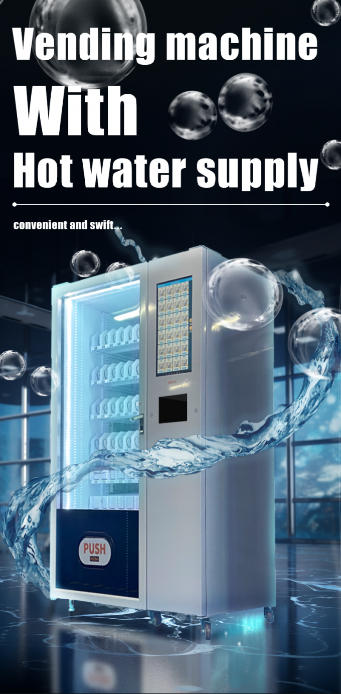 Hot water vending machine is suitable for selling ramen, cup noodles, milk tea, coffee and so on.
