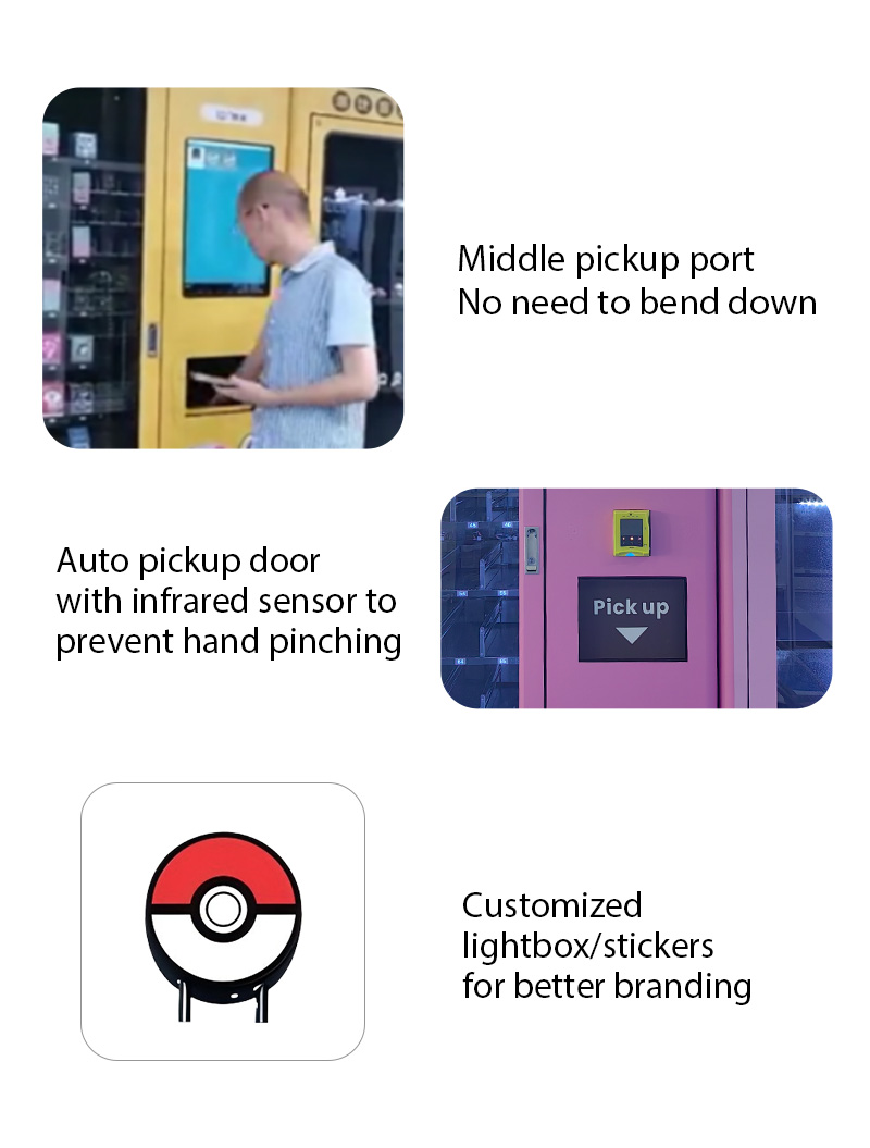 You can customize the stickers and light box for your tcg vending machine, and the pickup port of this tcg vending machine is on the middle height of machine, the customers no need to bend doem to collect the products