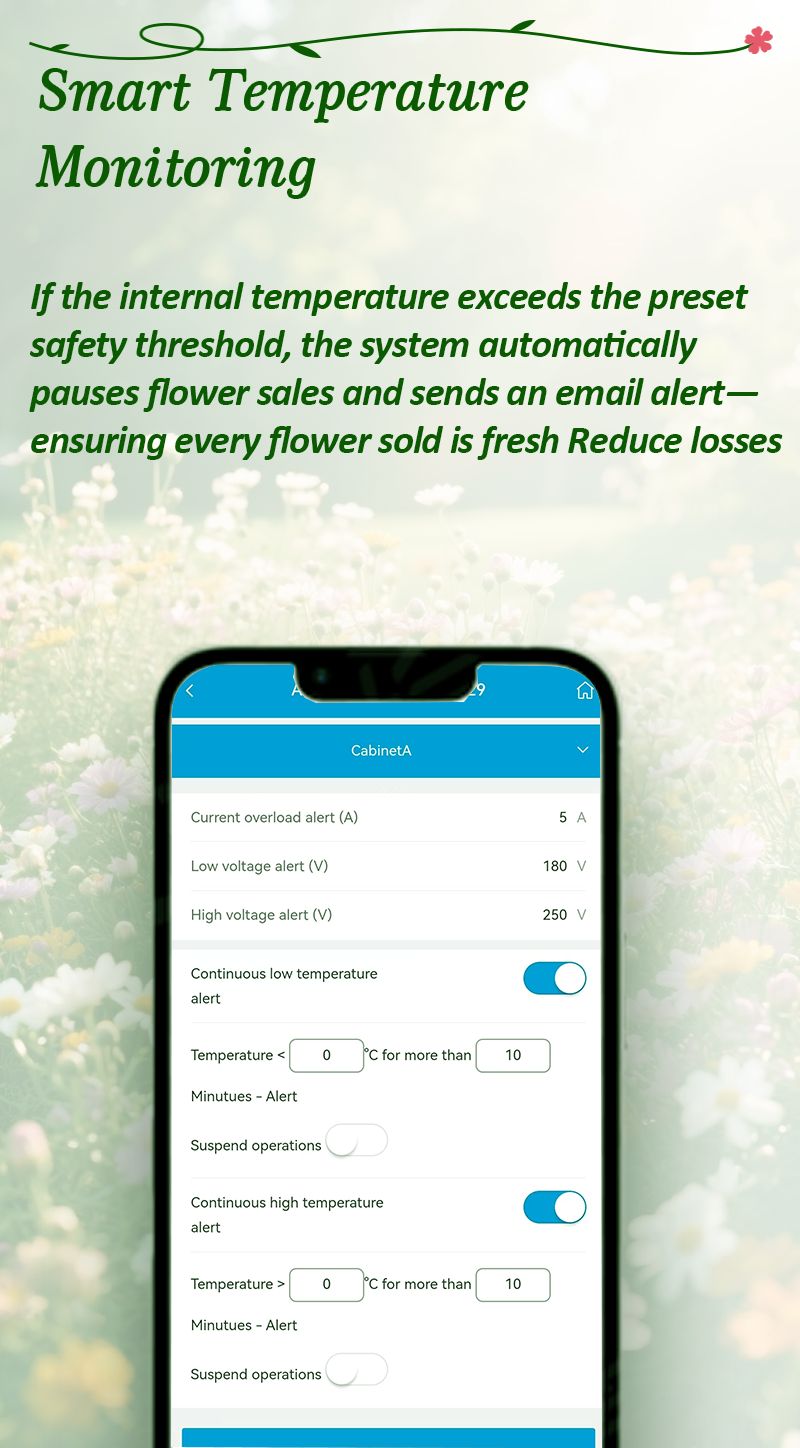 If the flower vending machine internal temperature exceeds the preset safety threshold, the system automatically pauses flower sales and sends an email alert—ensuring every flower sold is fresh and notifying the team to take immediate action to minimize loss.