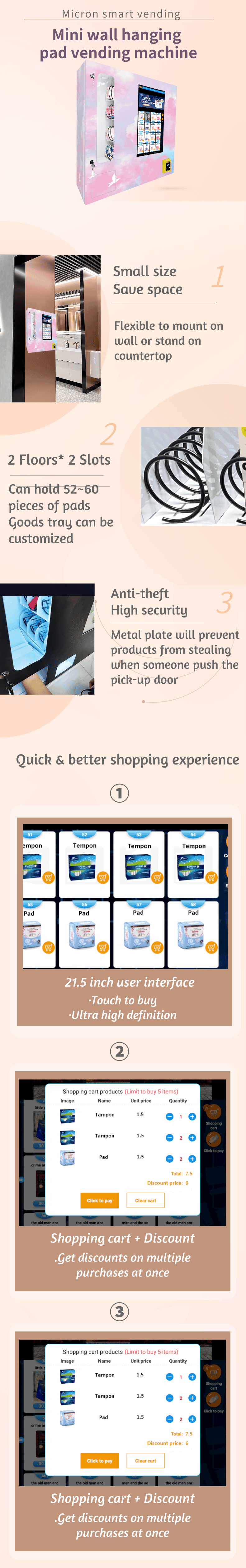 Weimi sanitary pad tampon vending machine , small size for saving space, flexible to mount on wall or stand on countertop, 21.5 inch touchscreen for quick and better shopping experience