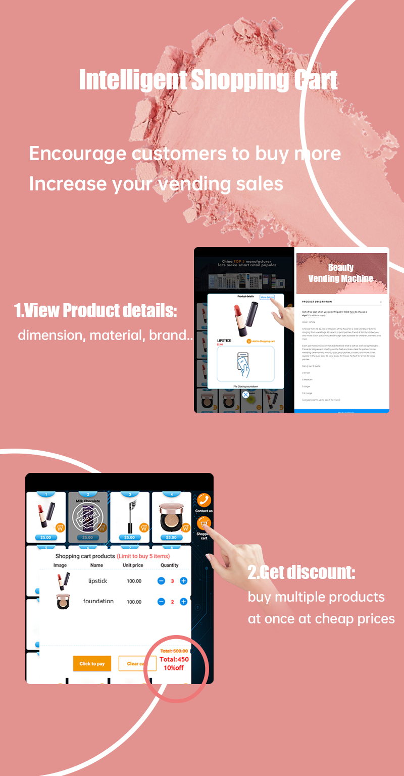 the beauty vending machine with intelligent shopping cart, it support to view product details and buy mutiple products at once at cheap prices