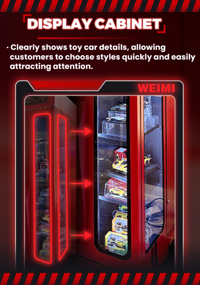 This toy vending machine has a transparent show case.