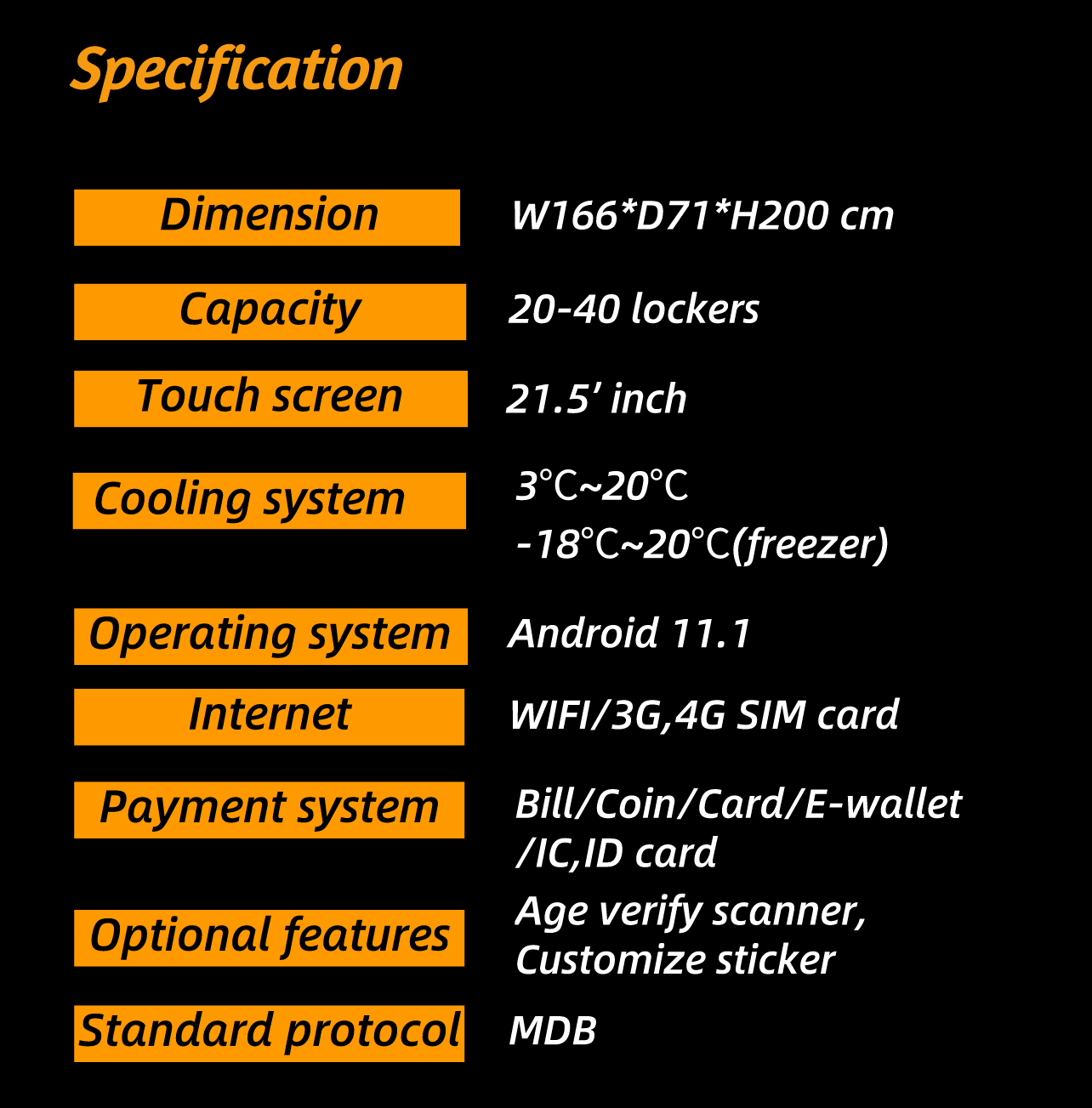 Cheese vending machine parameters