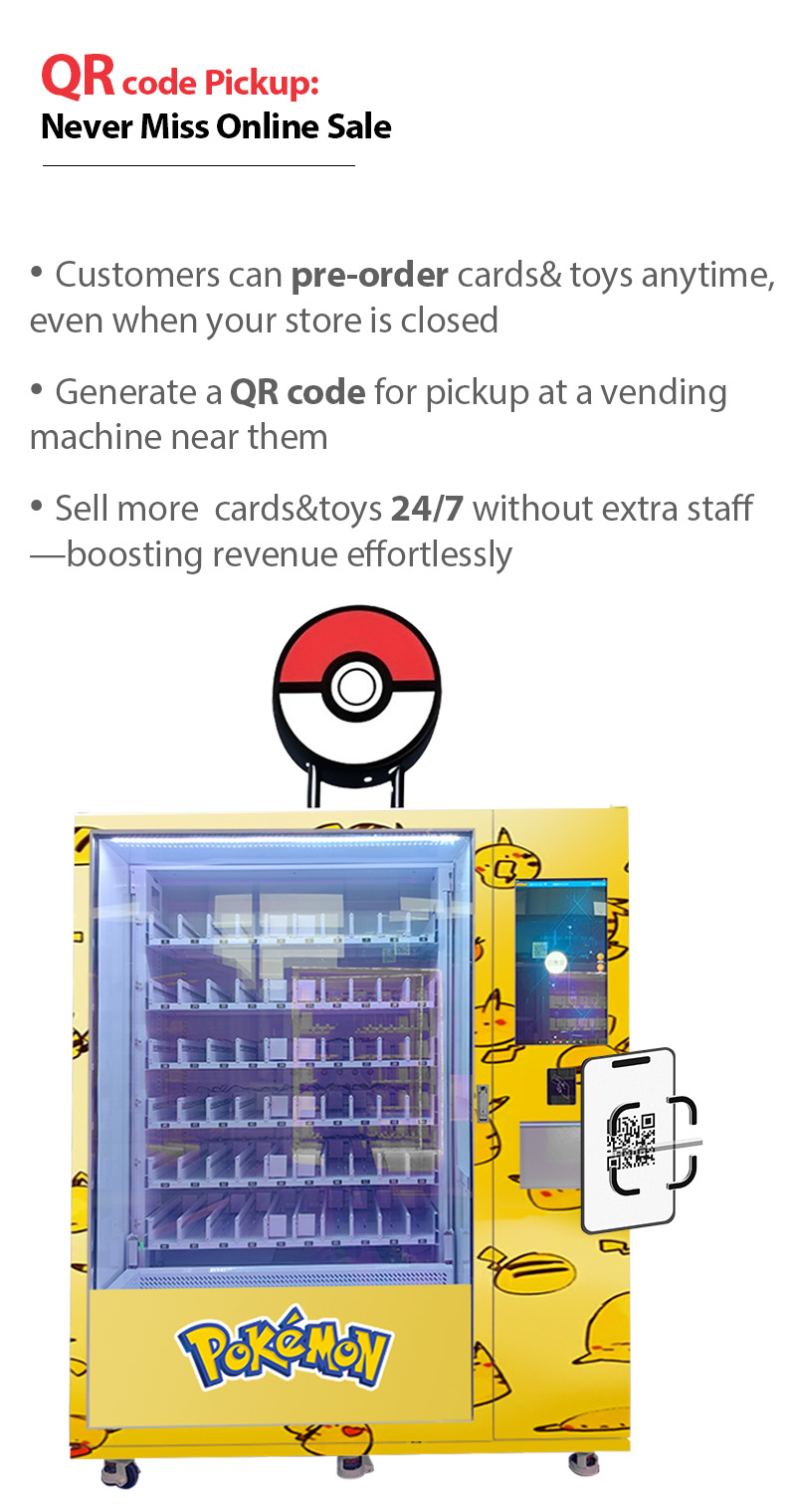 Customers can buy the Pokémon cards and toys on line, and pick up the products at the offline pokemon card vending machine location.