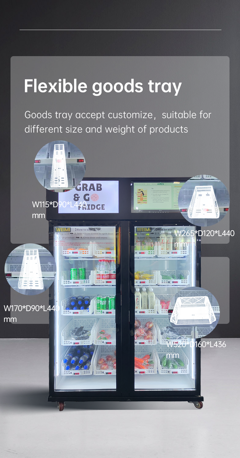 micron smart fridge vending machine can custom the size of the goods tray, the goods tray can suitable for many kinds of products like fruit vegetable meat drink