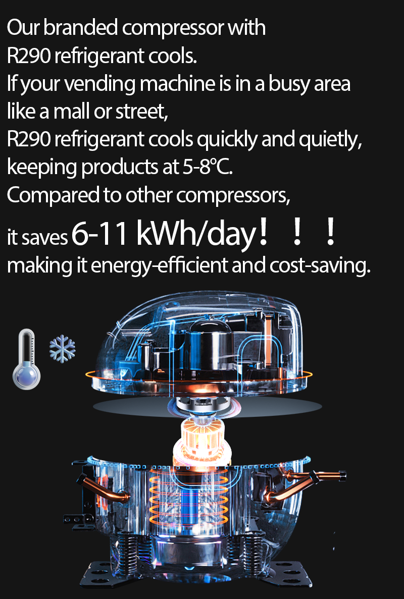 Snack and Drink Vending Machine branded compressor with r290 refrigerant cools can saves 6-11kwh/day