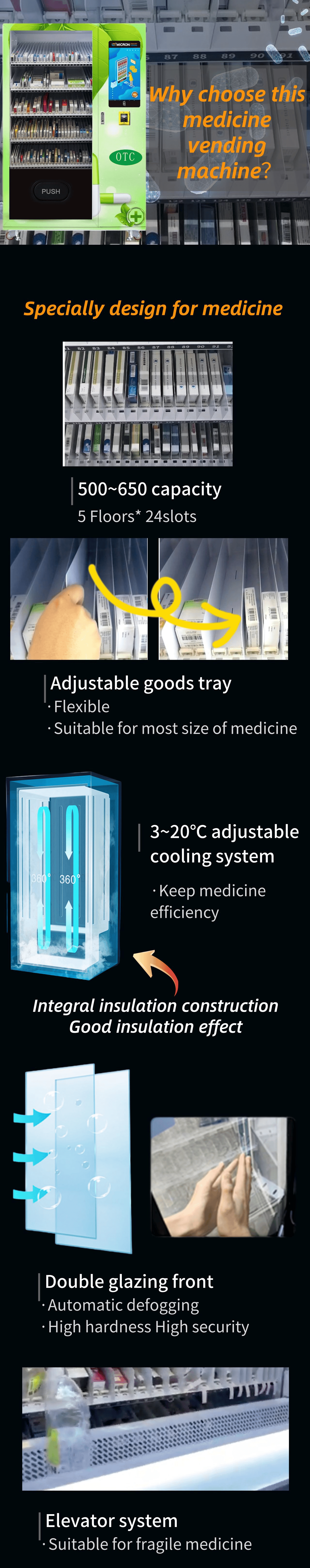 Micron smart medicine vending machine for sale, medicine vending machine with 21.5 inch touch screen, customer can choose the medicine on the screen and use shopping cart, they can get discount when they buy multiple medicine at one time.