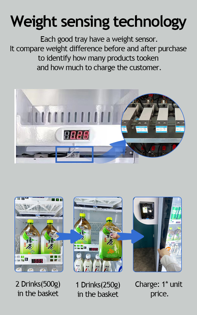 Micron smart fridge vending machine with smart software management system, operator can control the machine, cooling system temperature, and machine will send error message when machine has some errors. Grab n go smart fridge vending machine is suitable for most kinds of products like snack drink egg fruit and glass bottle drink like wine beer