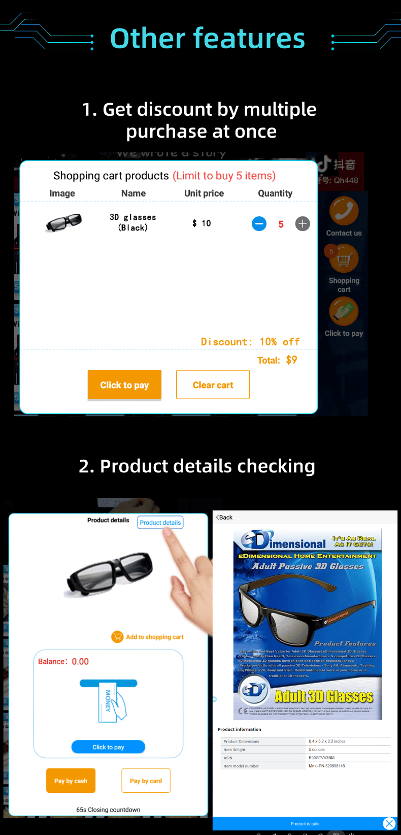 Our weimi 3D glasses rental vending machine in theater and cinemas has screen for uploading the detailed information of glasses