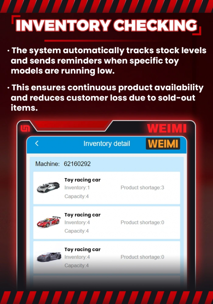 You can check the inventory remotely of this toy vending machine.