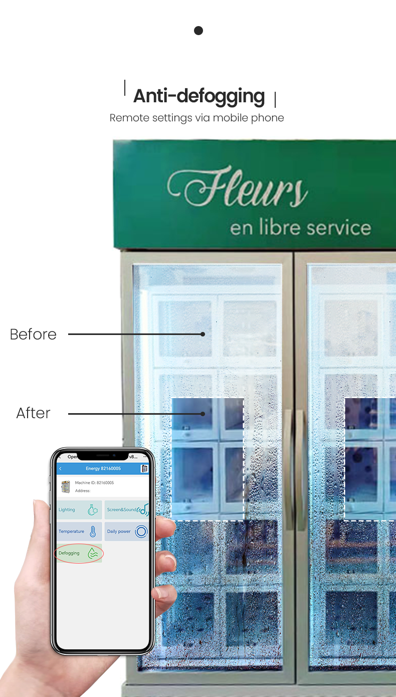 The double glazing front of the fresh flower vending machine has automatic defogging system