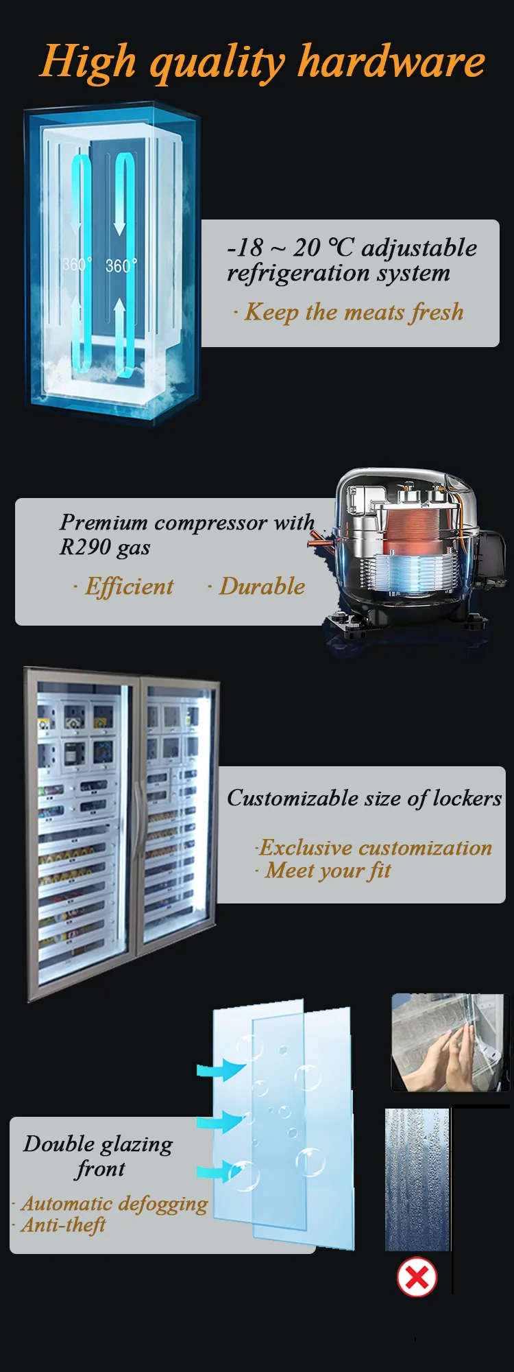 Cheese vending machine ，Refrigeration system, lockers and demisting system