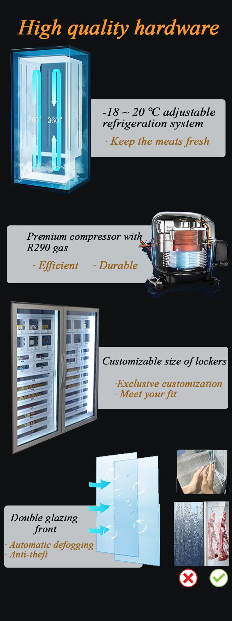 Micron smart oyster vending machine use high quality hardware, refrigeration system -18℃~20℃, double glazing front with automatic defogging and anti-theft.