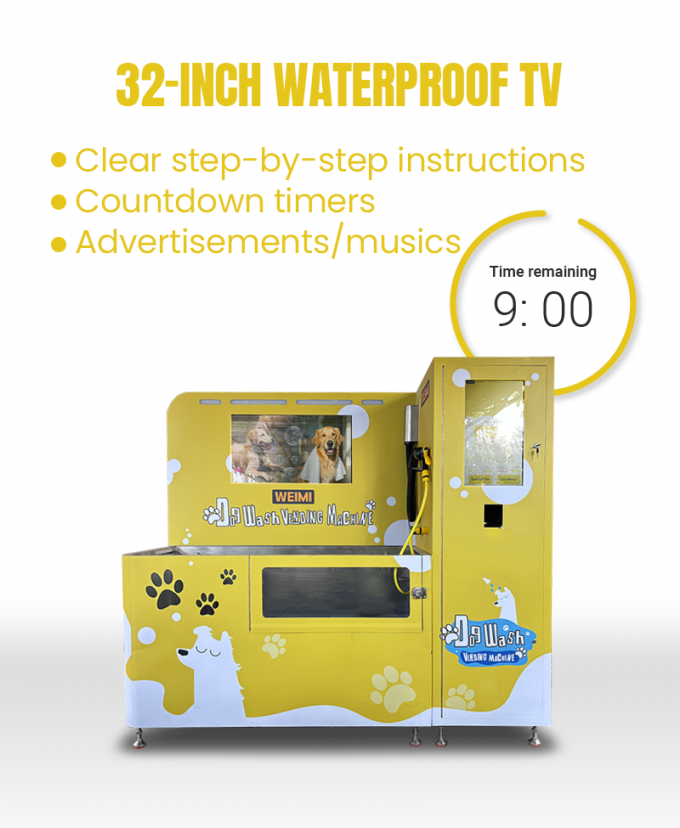 This dog wash machine has a 32 inch screen, it is used to play the ads and musics