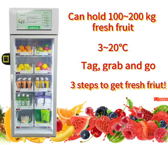 Fresh fruit vending machine selling apple, banana, strawberry, is a good vending business opportunity.