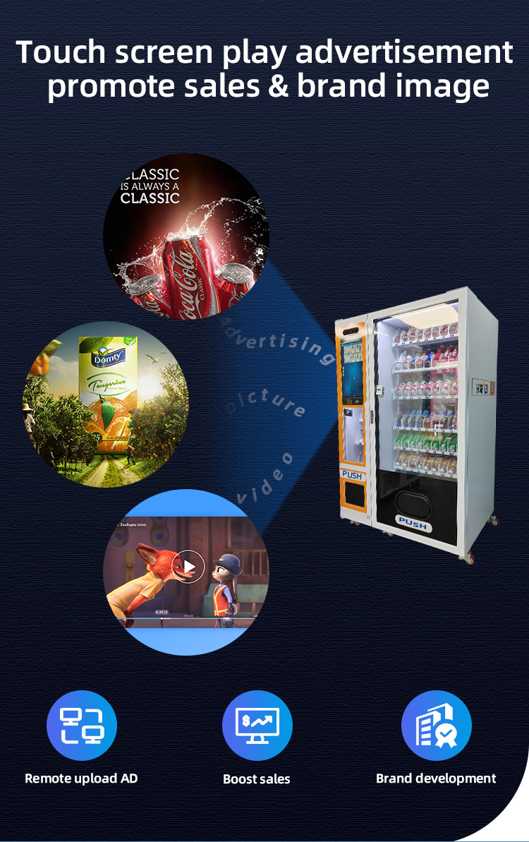 weimi smart combo snack drink vending machine with touch screen for displaying advertisement, with its attractive advtising, we hope it can promote sales and brand for you