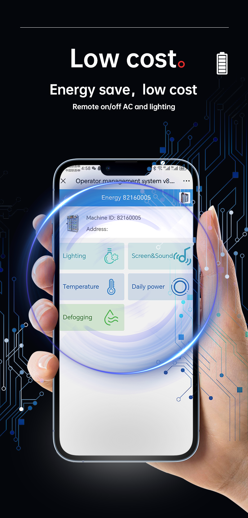 micron smart fridge vending machine is equipped with smart management system, operator can remote control the machine's light or AC to save energy