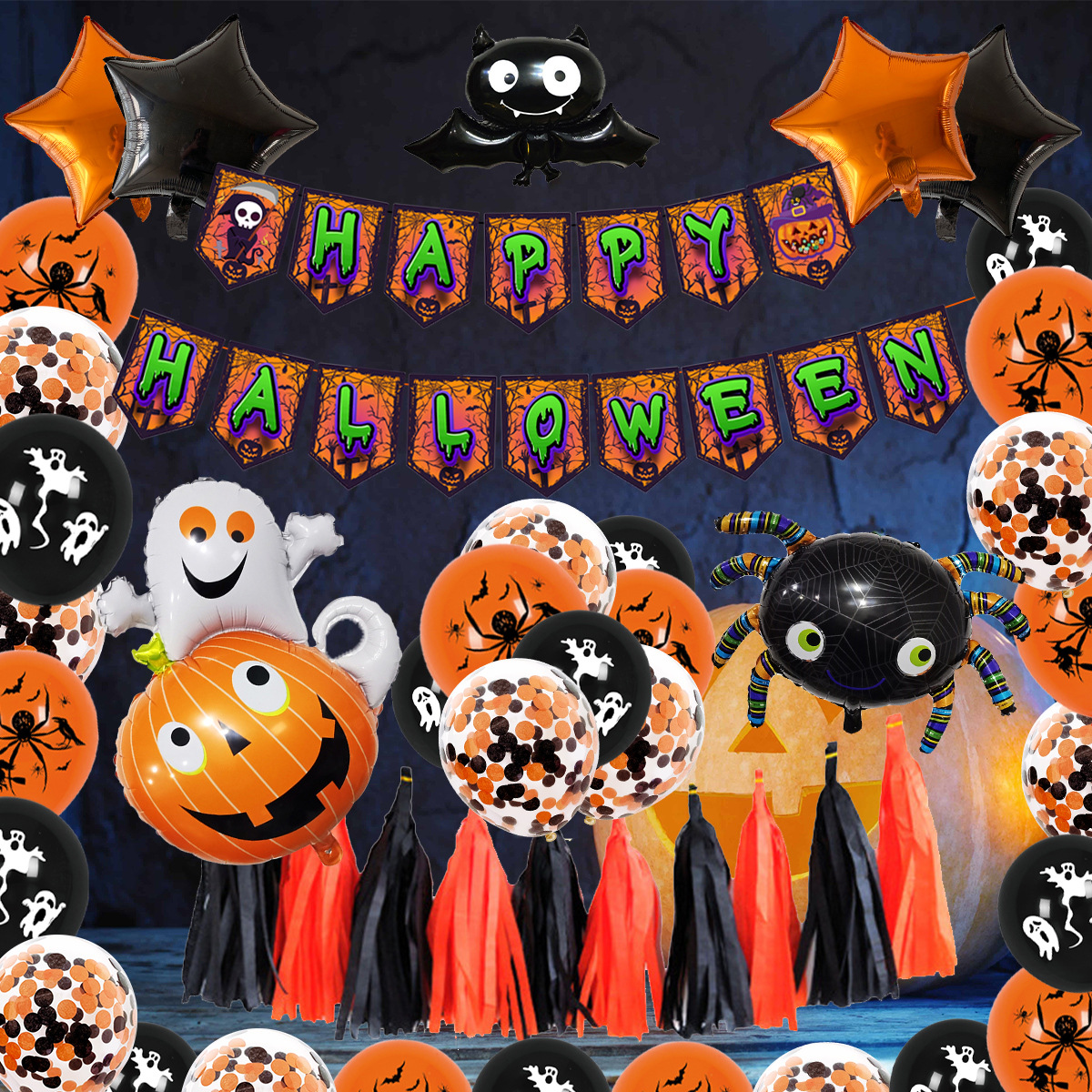 Hot Selling Halloween Party Decoration Skull Ghost Foil Balloon Set Happy Halloween Letter Banner