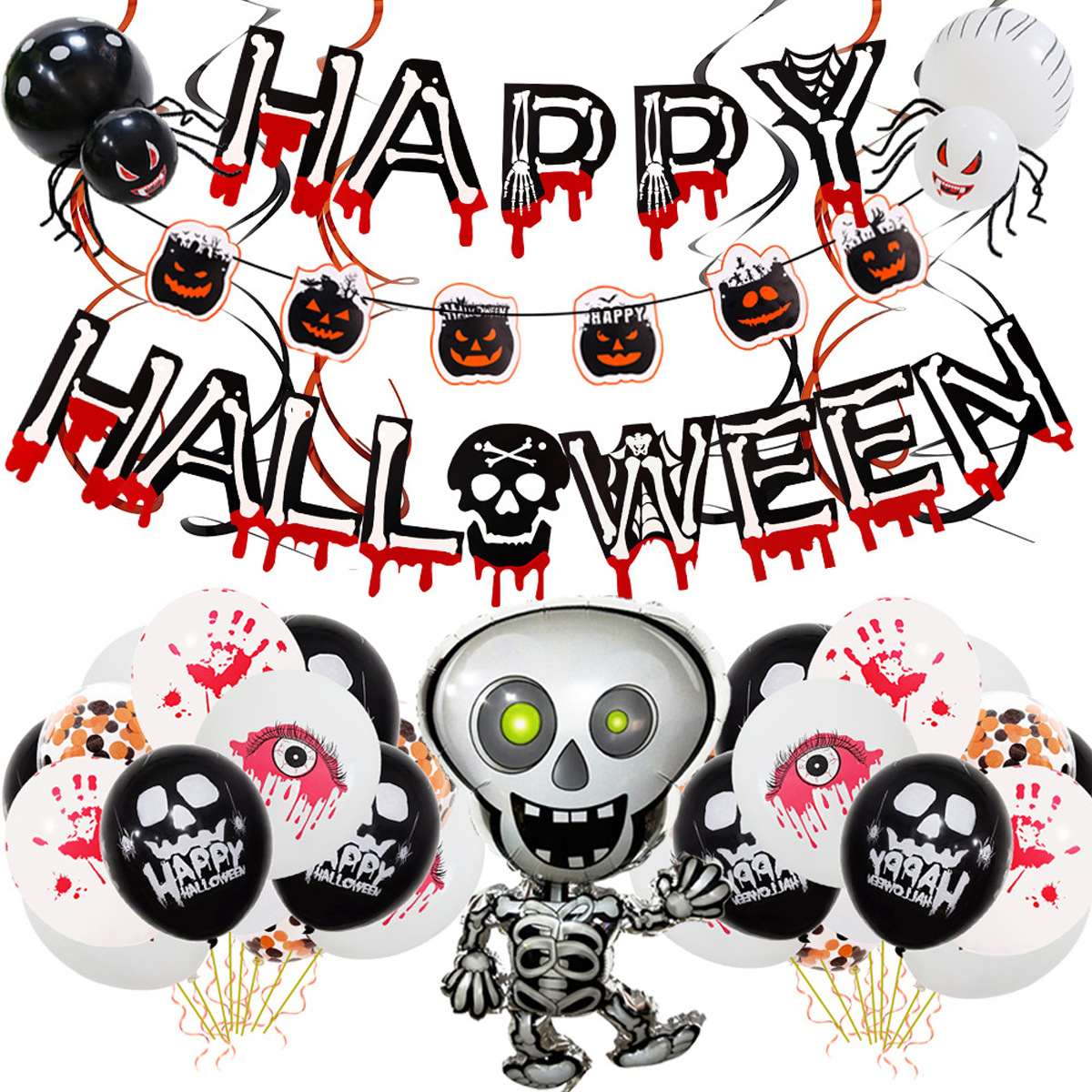Hot Selling Halloween Party Decoration Skull Ghost Foil Balloon Set Happy Halloween Letter Banner