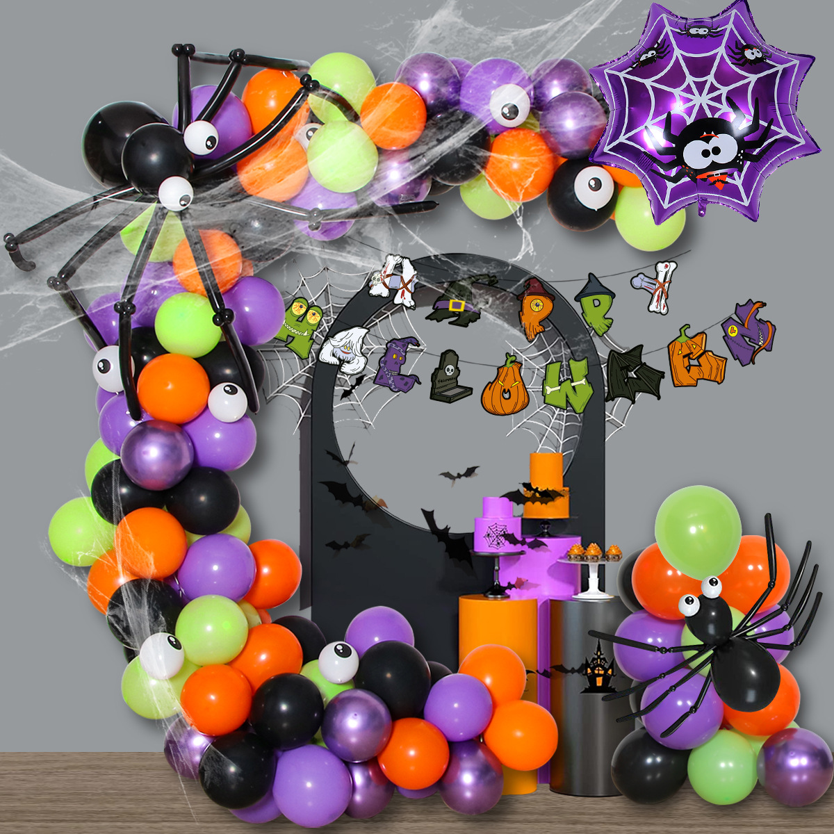 Halloween Balloon Party Black Orange Purple Green Balloon Arch Halloween Spider Eye Balloon Set