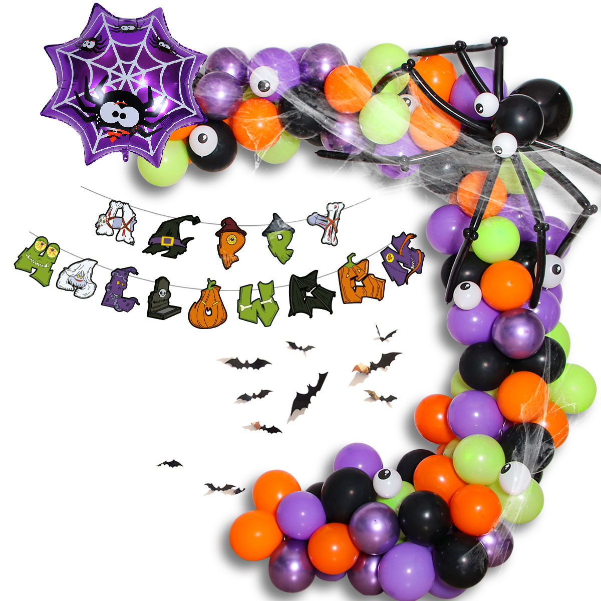 Halloween Balloon Party Black Orange Purple Green Balloon Arch Halloween Spider Eye Balloon Set