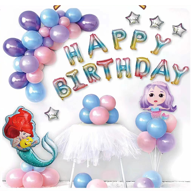 Baby Girl Cute Cartoon Mermaid Themed Birthday Party Latex And Foil Balloon Balloon Set Mermaid Birthday Atmosphere Decoration