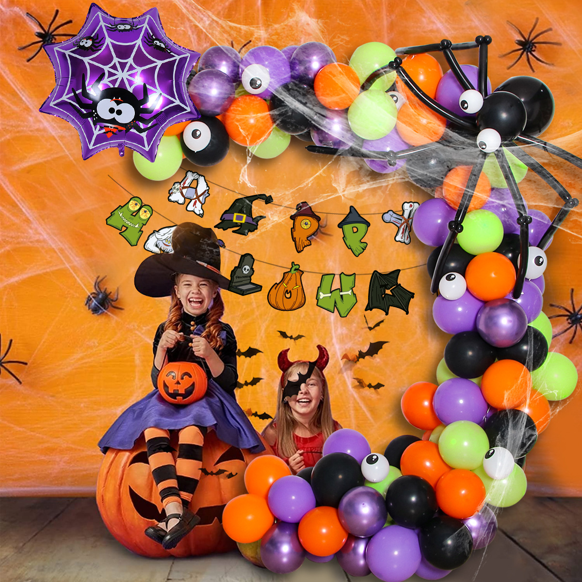 Halloween Balloon Party Black Orange Purple Green Balloon Arch Halloween Spider Eye Balloon Set
