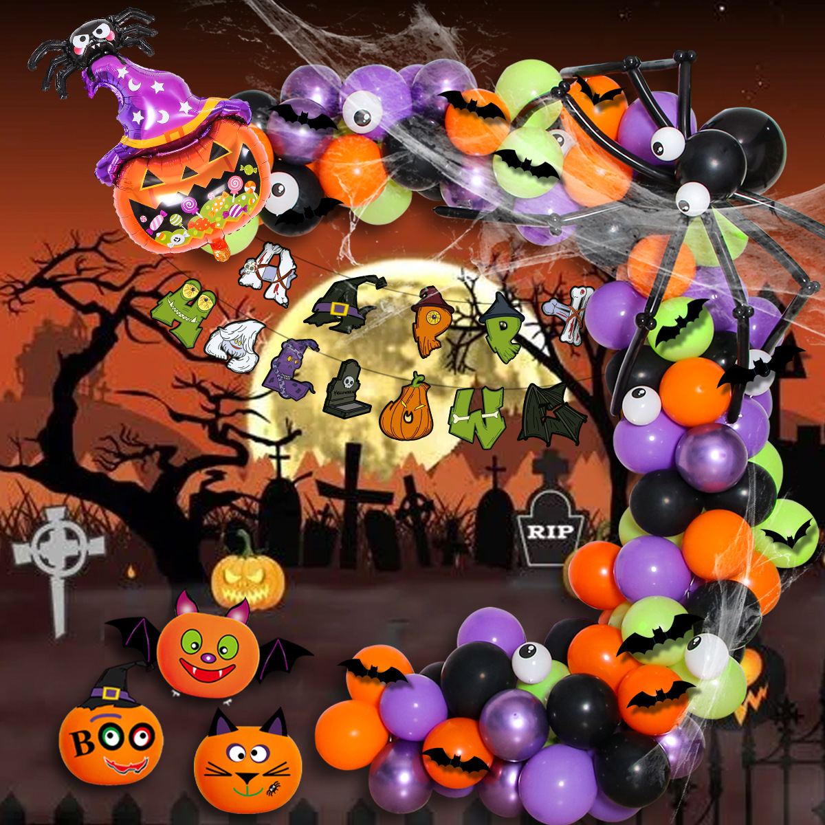 Halloween Balloon Party Black Orange Purple Green Balloon Arch Halloween Spider Eye Balloon Set