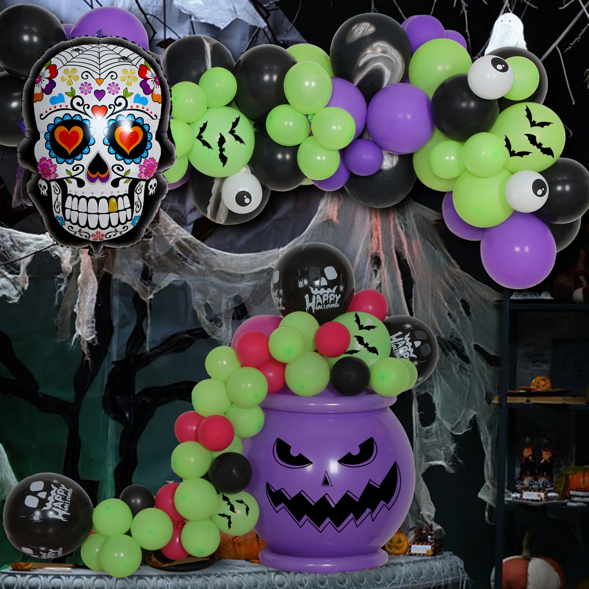 Halloween Party Banner Balloon Spider Bat Pumpkin Skeleton Balloons Arch Kits Halloween Party Decor Latex Balloons Halloween