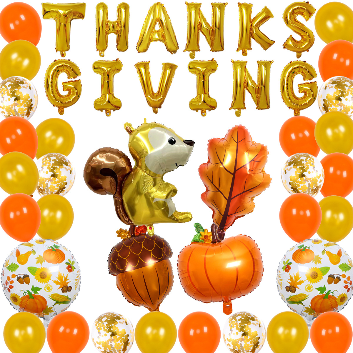 Thanksgiving Day Party Decoration Balloon Arch Kit Autumn Animals Squirrel Maple Leaf Pine Cone Foil Gold Confetti Balloon Set