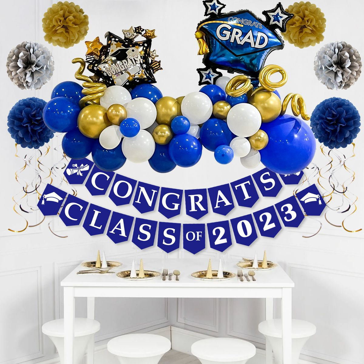 2023 Graduation Theme Blue Latex Balloon Arch Paper Pull Flag Graduation Party Background Decoration Balloon Chain Set