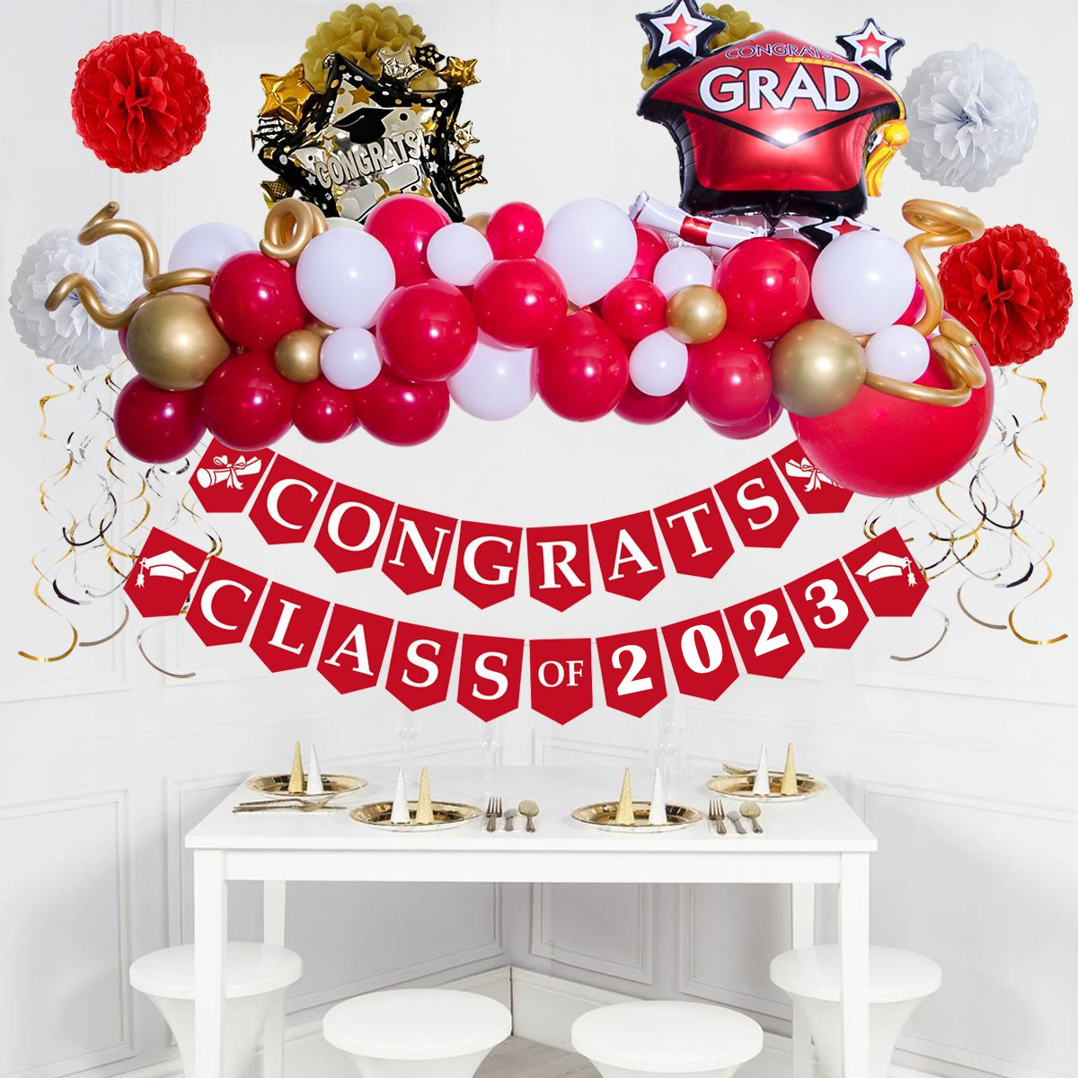 2023 Graduation Theme Blue Latex Balloon Arch Paper Pull Flag Graduation Party Background Decoration Balloon Chain Set