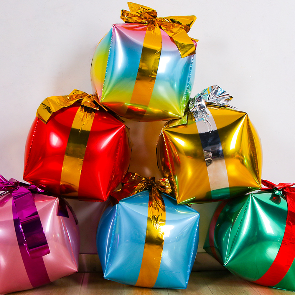 4D Foil Balloon Pink Cube Balloon 4D Happy New Year Square Shaped Foil Balloons Present Box Cube Shape Rich Color for Christmas