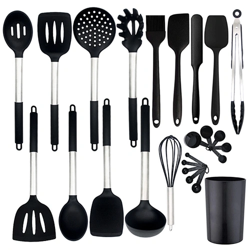 Hot Selling Kitchen Accesorios Private Label Half Handle Stainless Steel Black 9 Pieces Silicone Kitchen Set