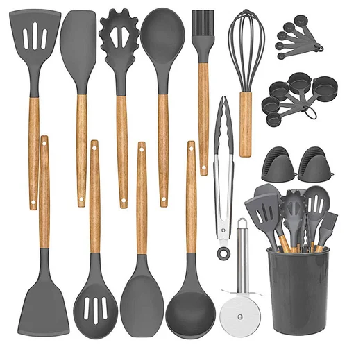 26 Pcs Kitchen Utensils Cooking Utensils Set Heat Resistant Kitchen Gadgets Silicone Cooking Utensil Set with Wooden Handle