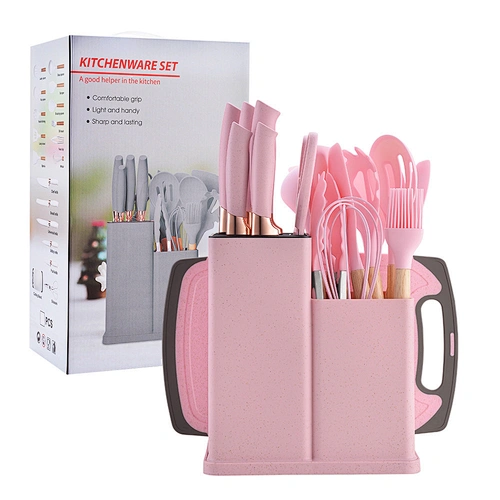 Custom 19 Piece Silicone Kitchen Utensil Set With Wooden Handle And Cuttings Board Storage Bucket Kitchen Accessories Knife Set