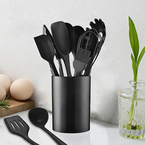 High quality wholesale kitchen accessories black color 10pcs silicone kitchen utensils